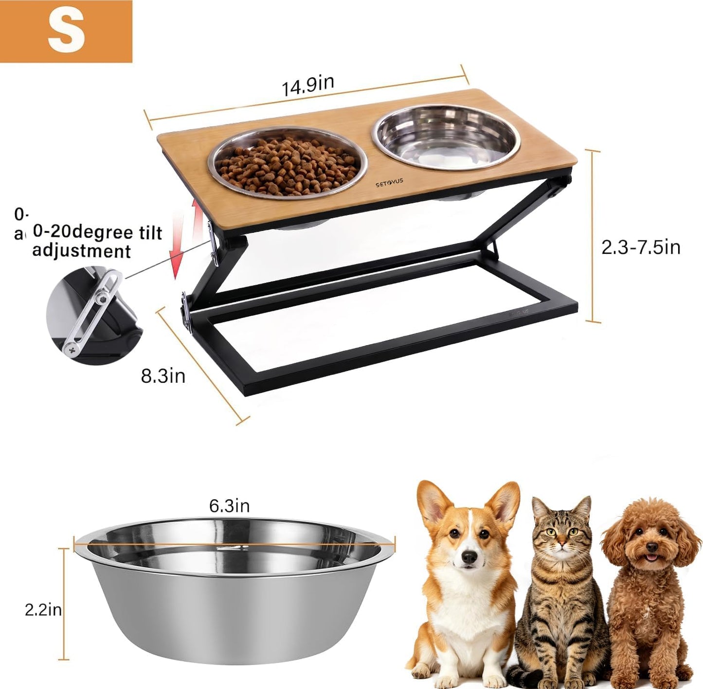 Elevated Dog Bowls, Adjustable Raised Dog Bowl Stand with 2 Stainless Steel Food Bowls 20°Tilted Water Bowls for Medium Small Sized Dogs (Black, Medium)