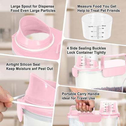 Dog Cat Food Storage Container, Pet Food Container Airtight with Large Spout & Cup, BPA-Free Plastic Food Dispenser for Pet Food, Bird Seed, Rice, Flour - Pink 2.5-5lb (1 pack)