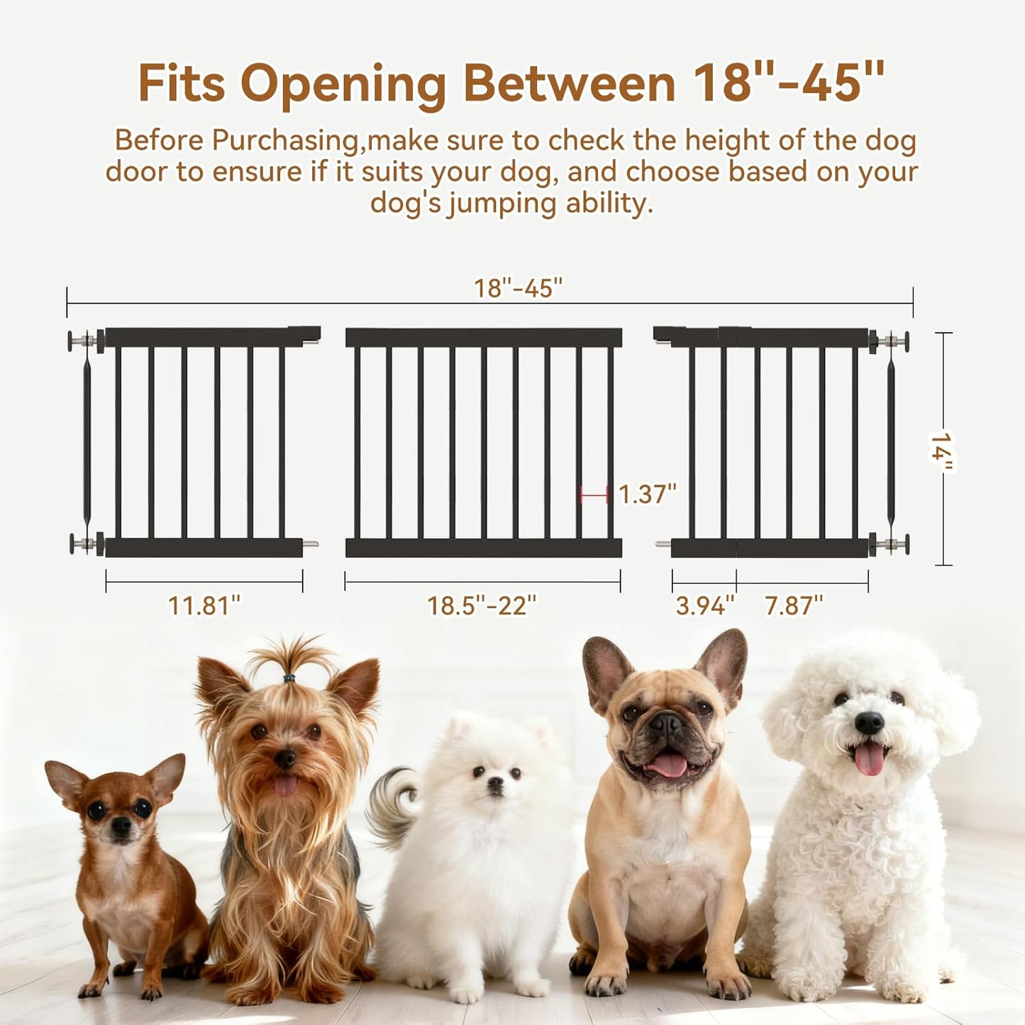 Dog Gate Indoor,18"-45" Adjustable Extra Wide Metal Short Dog Gate to Step Over, 18" Tall Small Pet Gate with 3 Extension Kits, Pressure Mounted Gate for Doorways & Stairs Black