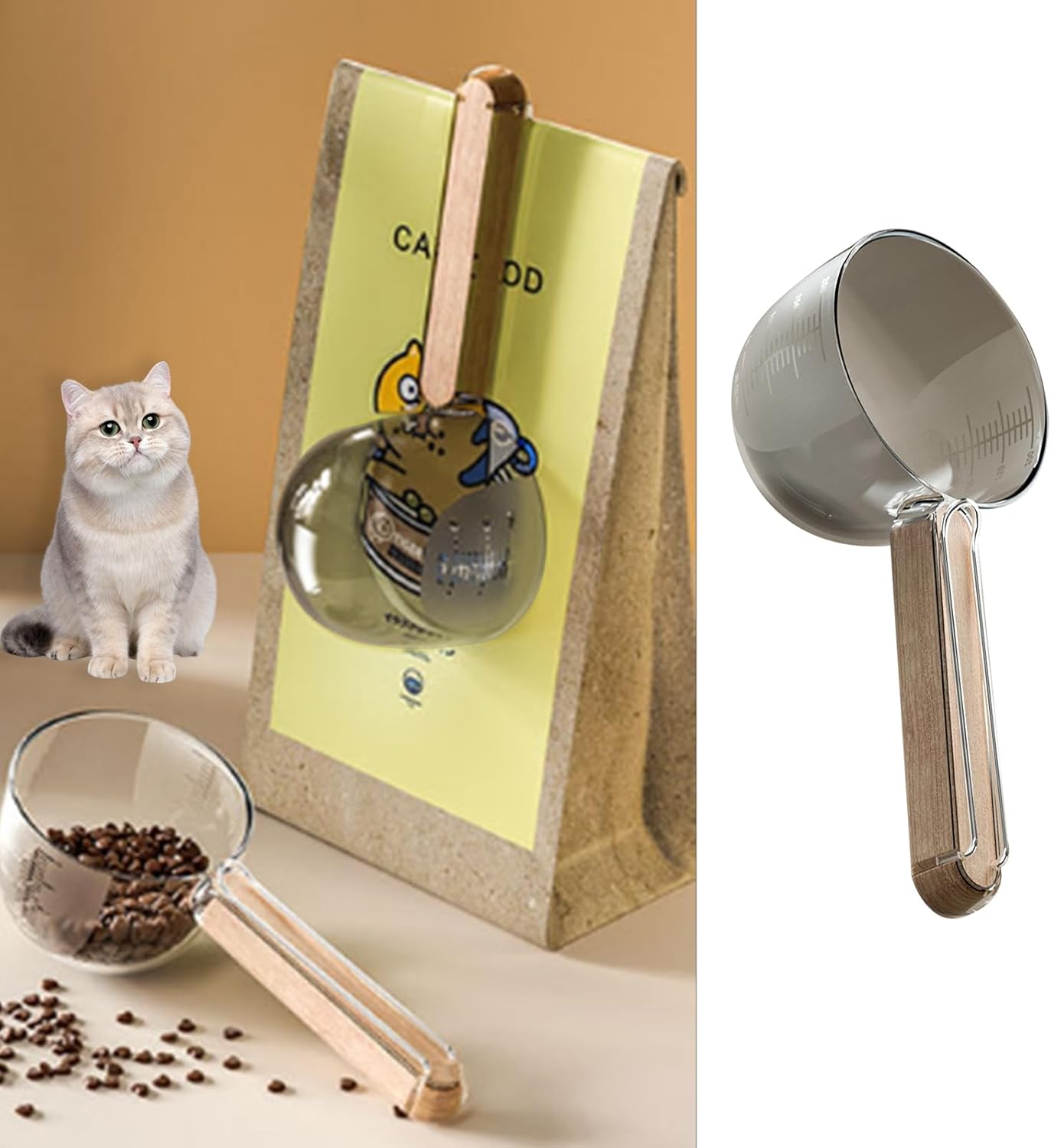 MANON ROSA Pet Food Measuring Scoop with Closure Clip - 3/4 Cup (6 Oz) Feeding Spoon for Dogs, Cats, Rabbits, Dishwasher Safe for Scientific Feeding (Transparent)