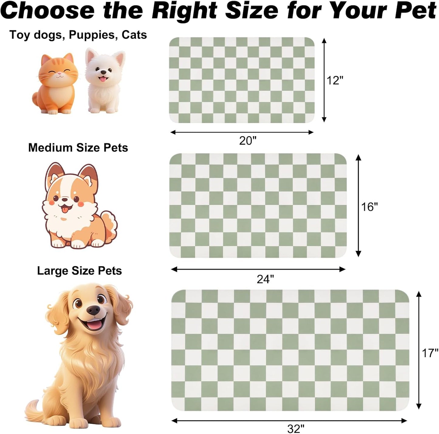 CooRug Checkered Dog Food Mat, Absorbent Leak-Proof Pet Feeding Mat, Quick Dry Cat Food Mat for Messy Drinkers 12" x 20" Khaki