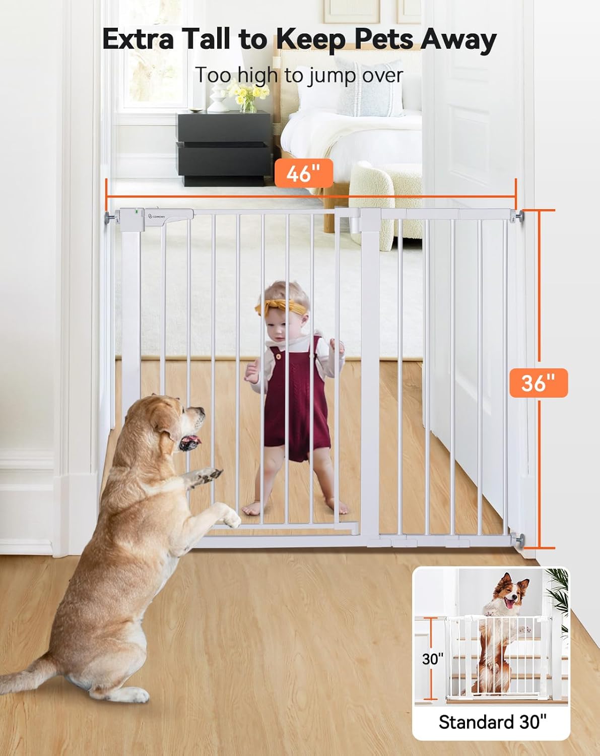 COMOMY 36" Extra Tall Baby Gate for Stairs and Doorways - Fits 29.5" to 48.8" Wide Openings, Auto Close Extra Wide Dog Gate for House, Pressure Mounted Easy Walk Through Pet With Door, Black