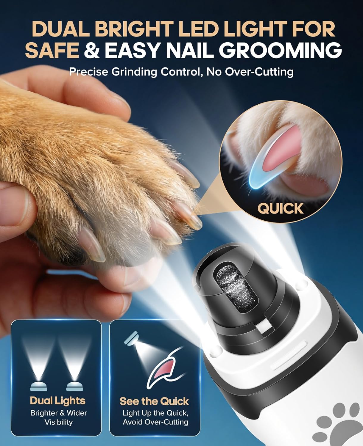 Dog Nail Grinder with 2 LED Lights, Upgraded 2-Speed Rechargeable Pet Nail Trimmer Quiet for Paw Grooming, Powerful Painless Nail Clipper Kit for Small, Medium, Large Dogs & Cats