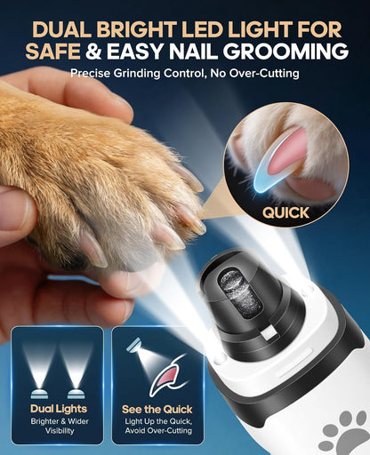 Dog Nail Grinder with 2 LED Lights, Upgraded 2-Speed Rechargeable Pet Nail Trimmer Quiet for Paw Grooming, Powerful Painless Nail Clipper Kit for Small, Medium, Large Dogs & Cats
