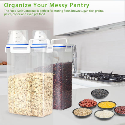 Viretec Rice Airtight Storage Container, 3 to 5Lbs Cereal Dry Food Flour Bin, Pet Dog Cat Food Dispenser with Measuring Cup, BPA Free Clear Plastic Kitchen and Pantry Organization Bin for Sugar