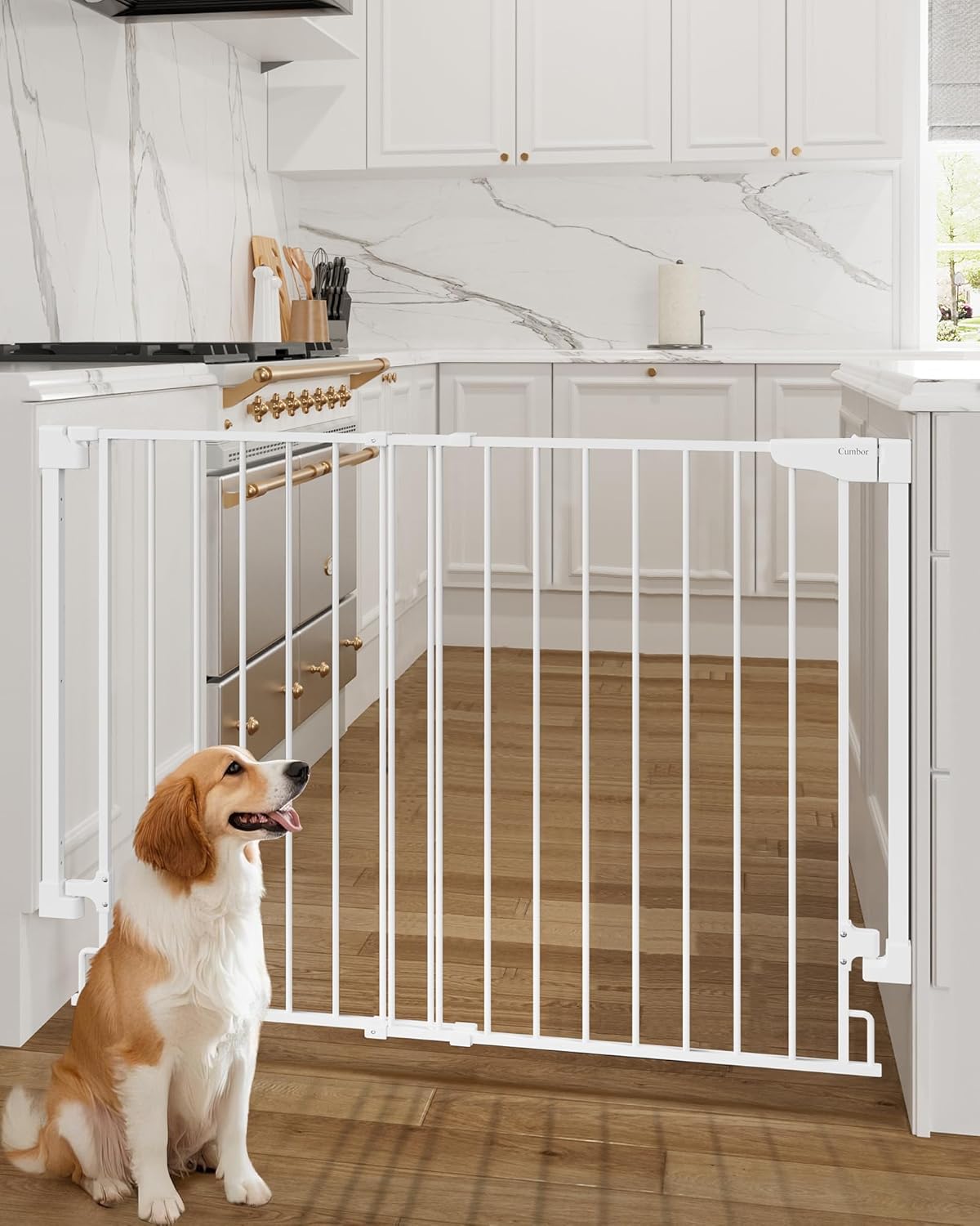 Cumbor 29.2–43" Baby Gate for Stairs, Hardware Mounted (Drill Required), Expandable No Bottom Bar Dog Gate, Auto Close Extra Wide Walk Thru, Pet & Toddler Proof Gate, Top & Bottom of Stairways(Black)