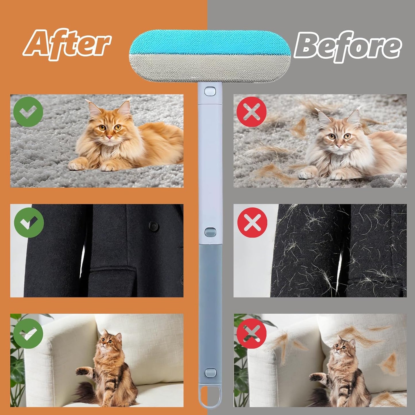 Tiiyee Pet Hair Remover for Furniture, 17in Dog and Cat Hair Removal Brush 4 in 1 Reusable Washable Lint Cleaner with Long Handle Cleaning for Couch, Carpet, Clothes & Bedding Car Seats Window Tile