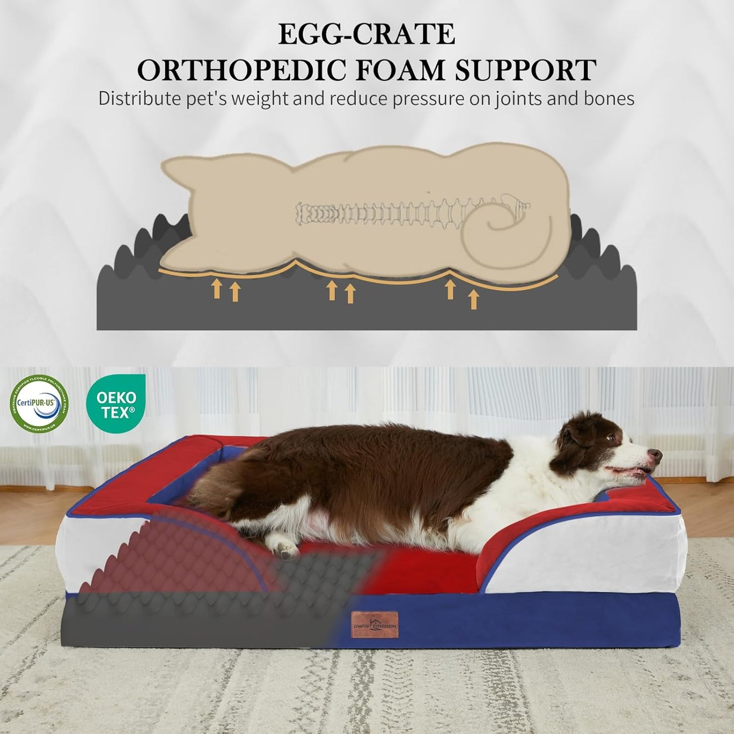 Comfort Expression Orthopedic Dog Bed for Extra Large Dogs 42x30 Inch, Waterproof Egg Crate Foam XL Pet Bed with Removable Bolsters, Dog Couch with Washable Cover & Non-Slip Bottom, Grey - Colors B