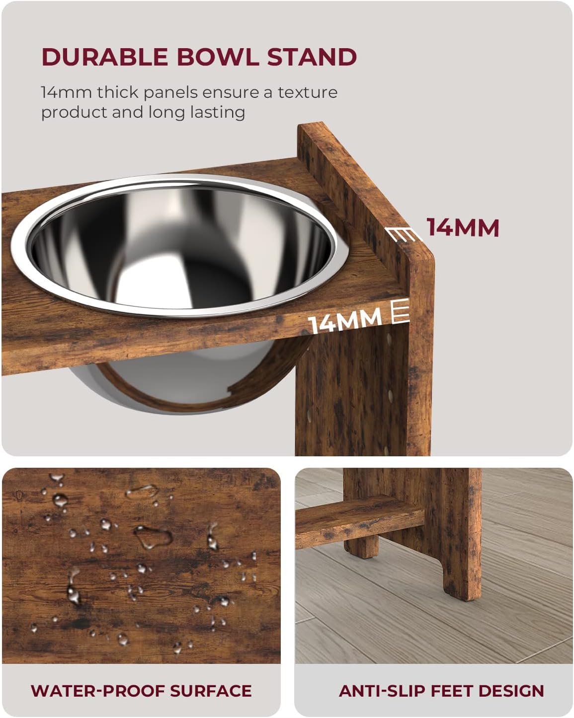 Vantic Elevated Dog Bowls, Adjustable Raised Dog Bowl Stand for Small Puppy and Cats, Sturdy Bamboo Pet Food Feeder with 2 Stainless Steel Dishes, Natural