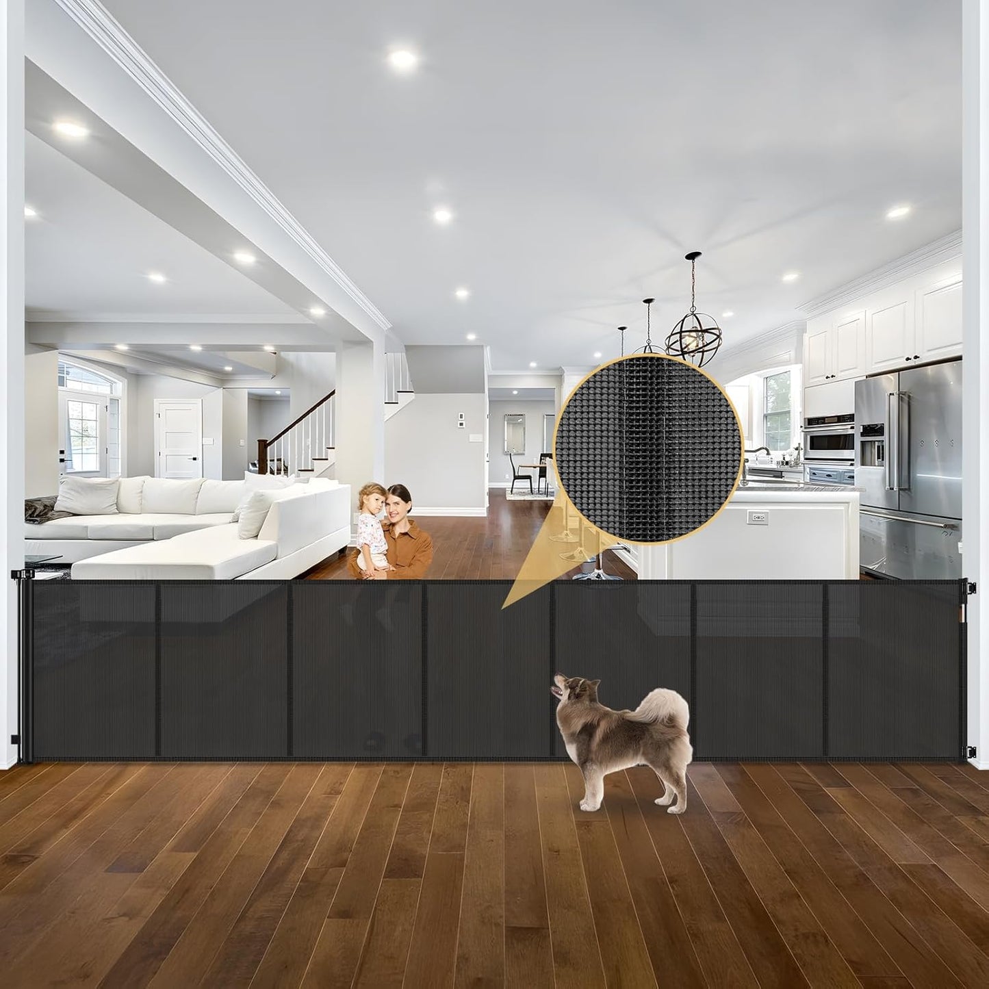 Reinforced 42" Tall Retractable Dog Gate, 155" Extra Long Retractable Baby Gate with Support Rods - Prevent Crawling Under, Indoor/Outdoor Retractable Gate Extra Tall Baby Gate Retractable Fence/Black