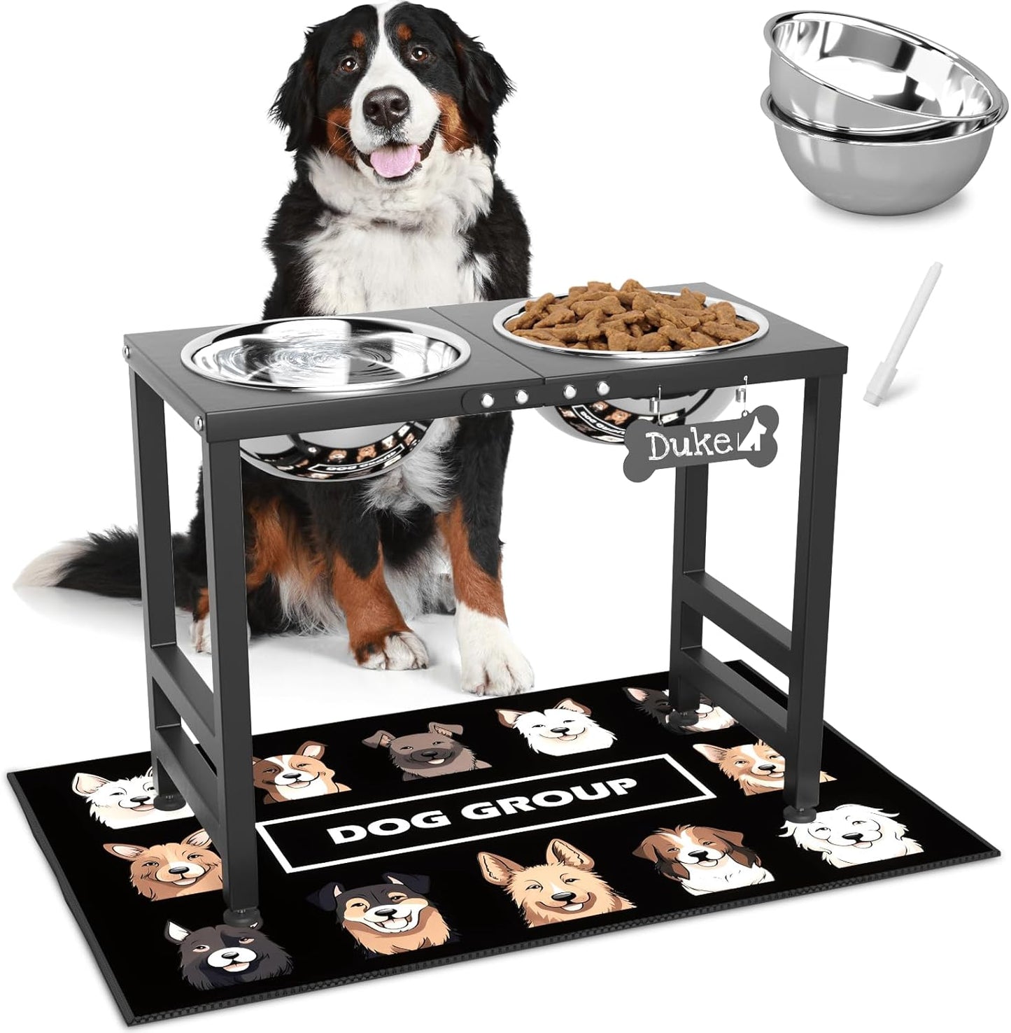 ADENGL Elevated Dog Bowls, 10" Tall Height, Raised Bowl Stand with 2 Stainless Steel Food Feeder Bowls (58oz) and Spill-Proof Mat for Medium Large and Small Breeds