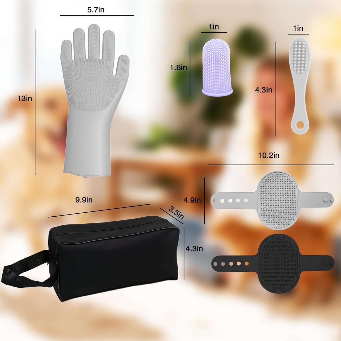 7PCS Dog Washing Gloves | Dog Bath Brush | Storage Bag | Dog Finger Toothbrush for Short & Long Haired Dogs & Cats | Efficient Deshedding Bathing & Massaging, Suitable for Pets (Sage Green)