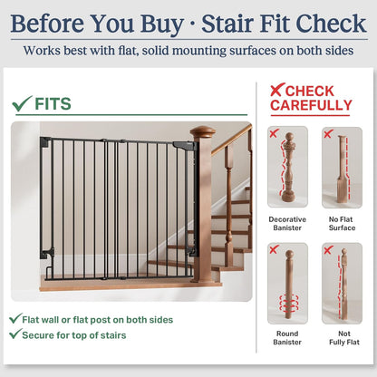 Cumbor 29.2–43" Baby Gate for Stairs, Hardware Mounted (Drill Required), Expandable No Bottom Bar Dog Gate, Auto Close Extra Wide Walk Thru, Pet & Toddler Proof Gate, Top & Bottom of Stairways(Black)