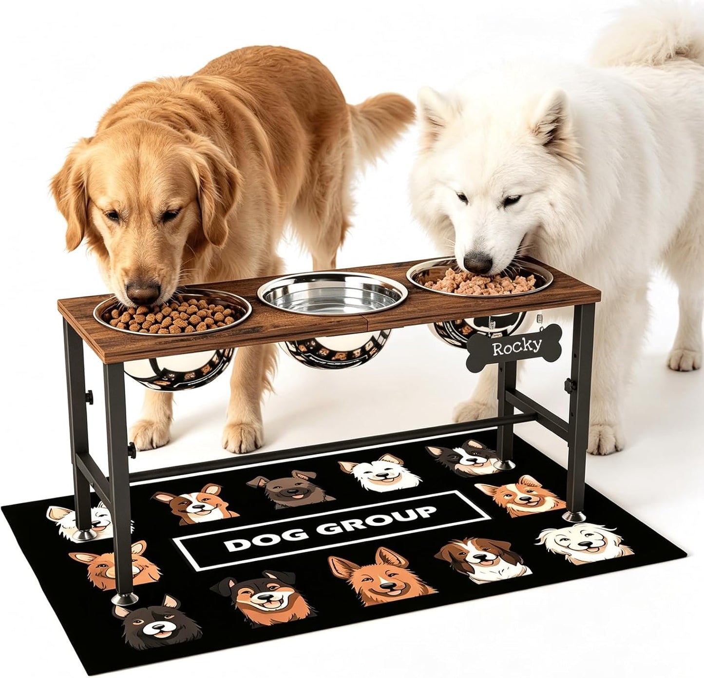 ADENGL Metal Raised Dog Bowl, 10" Tall Elevate Dog Feeder Stand with 2 Stainless Steel 42oz Bowls & 16x24 Non-Slip Mat – Stronger Dogs Food & Water Bowl Stand (Black)
