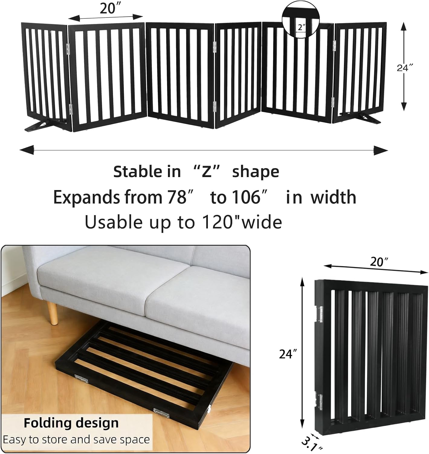 ZJSF Freestanding Indoor Dog Gate for House Foldable Wood Puppy Gate for Doorways Pet Gate for Stairs Extra Wide Pet Fence, Brown, 24" Height 3 Panels