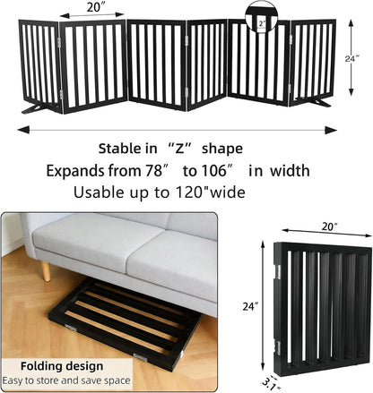 ZJSF Freestanding Indoor Dog Gate for House Foldable Wood Puppy Gate for Doorways Pet Gate for Stairs Extra Wide Pet Fence, Brown, 24" Height 3 Panels