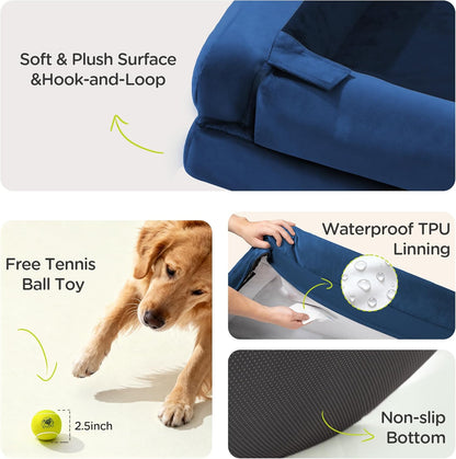 Extra Large Dog Bed, Orthopedic XL Washable Memory Foam Bed for Big Dogs Waterproof Pet Couch Sofa Bolster with Removable Cover, Non-Slip Bottom, Tennis Ball Toy, 42x30