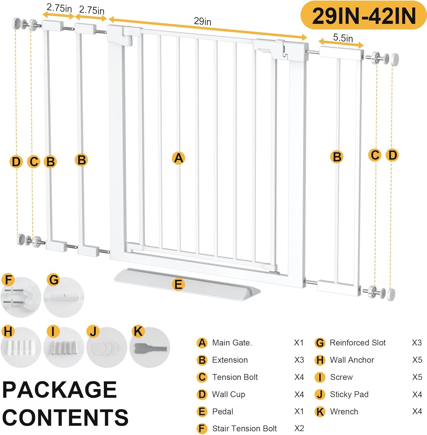 29-42 inches Metal Baby Gate for Stairs/Doorways, 30 inches Tall Pressure Mounted Pet Gates, Auto-Close Child Safety Gate, No Drilling Easy Walk-Through Dog Gate Indoor, Black