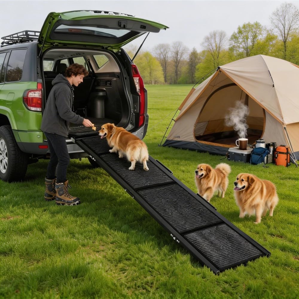 GarveeLife 63 in Long Dog Ramp for Cars, 20 in Wide Folding Pet Ramp for Large Dogs with Non-Slip Surface Portable Dog Car Ramp for SUV Car & Truck, Outdoor Dog Ramp Up to 250 LBS