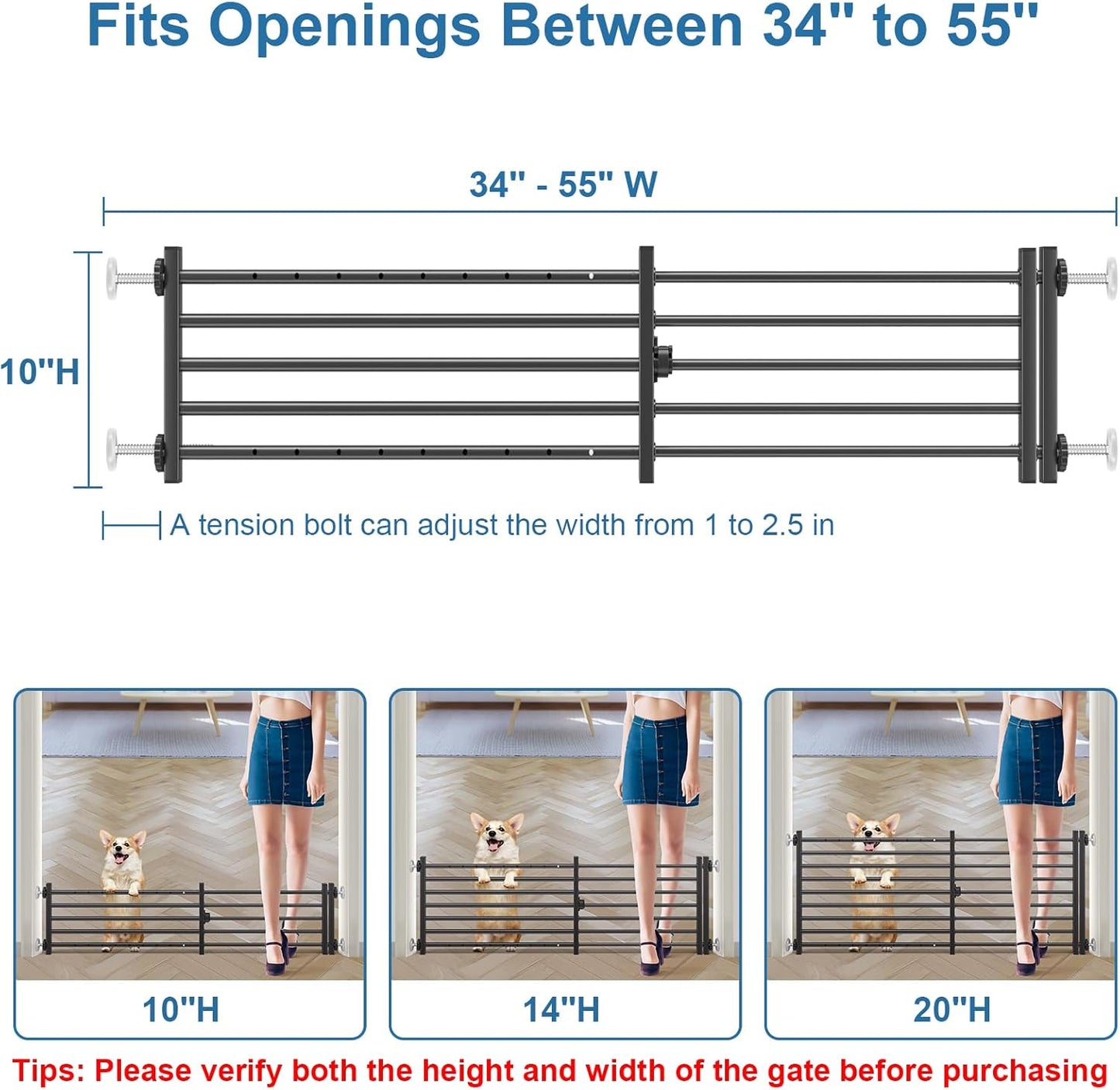 Malier Indoor Dog Gate with Door, 26-41" Extra Wide Full Metal Pet Gate Short Dog Gate for Stairs, Pressure Mount 10'' Tall Small Puppy Low Gate Easy Step Over for Doorways