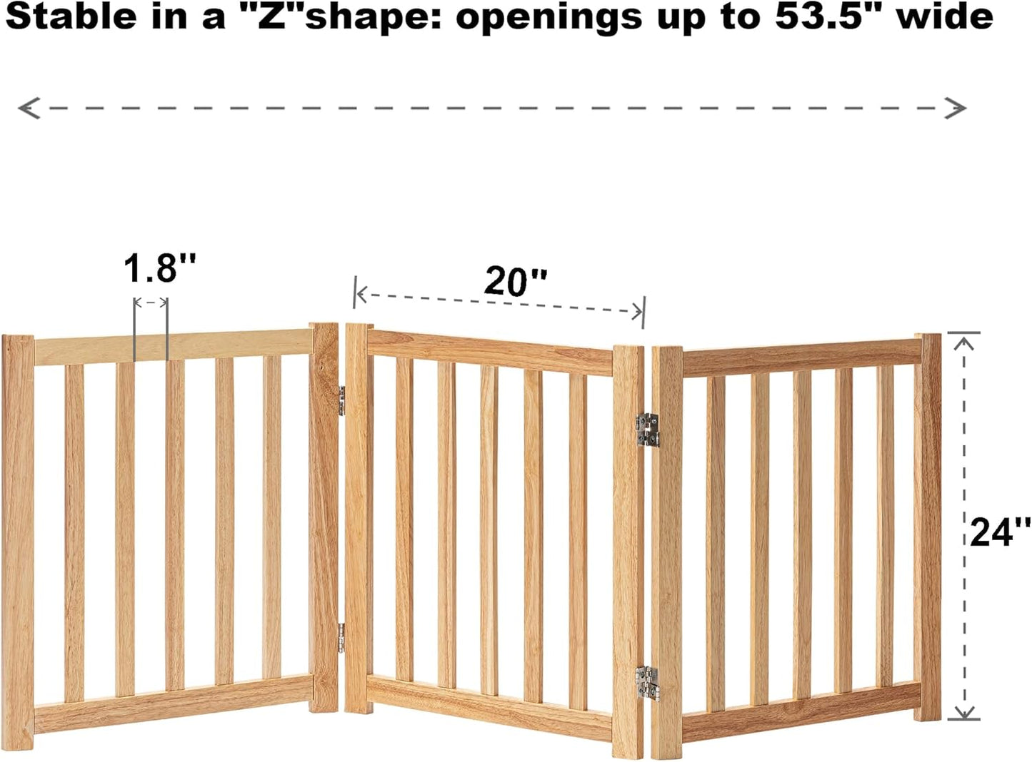 LZRS 2-Panel Wooden Free Standing Foldable Dog Gate Indoor – Solid Hardwood 24" High, Step-Over Safety Pet Gate for Doorways, Stairs & Small Spaces - Indoor Use, White