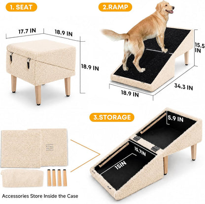 3-in-1 Dog Ramp with Storage 18.9"×17.7"×18.9", Dog Steps Anti-Slip, Foldable Pet Stairs, Ottoman Pet Ramp for Puppy Senior or Injured Dogs & Cats, Supports 220 lbs for Couch & Bed