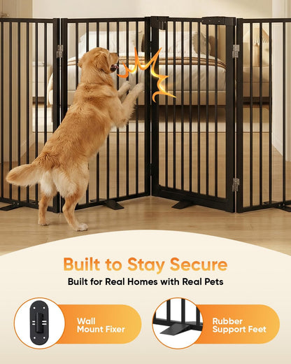 Full Metal Free Standing Dog Gate with Door for Indoor & Outdoor,80'' Extra Wide 32'' Tall Dog Gate for The Doorways,Large Openings,Decks,Porch,Pet Freestanding Safety Fence(4 Panels,Black)
