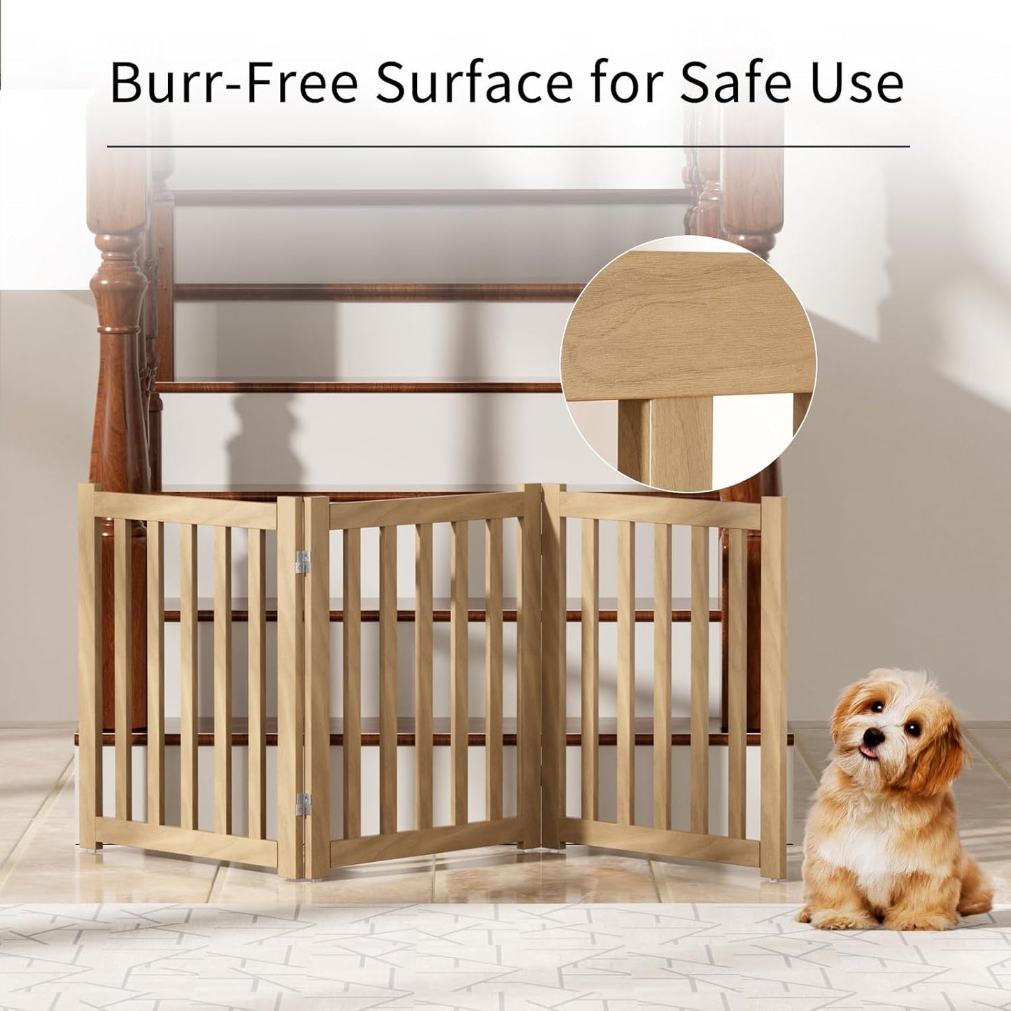 2-Panel Solid Wood Dog Gate - Freestanding Folding Pet Gate for Doorways, Stairs, Indoor, 24" Height, No Installation Needed, Natural Wood