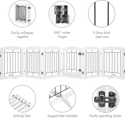 PAWLAND Free Standing Dog Gates for The House Stairs Doorways Indoor Foldable Wooden Small White Puppy Pet Gate Step Over Fence 60" W 24" H 3 Panels