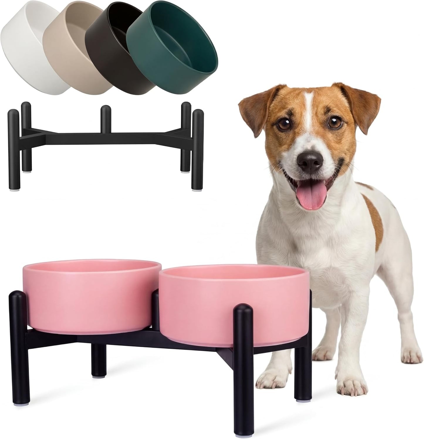 Raised Ceramic Dog Bowl Set - Elevated Double Dishes with Stainless Steel Stand - Food and Water Bowls for Small to Medium Dogs - Each Holds 3.5 Cups (29.57 fl oz) - White