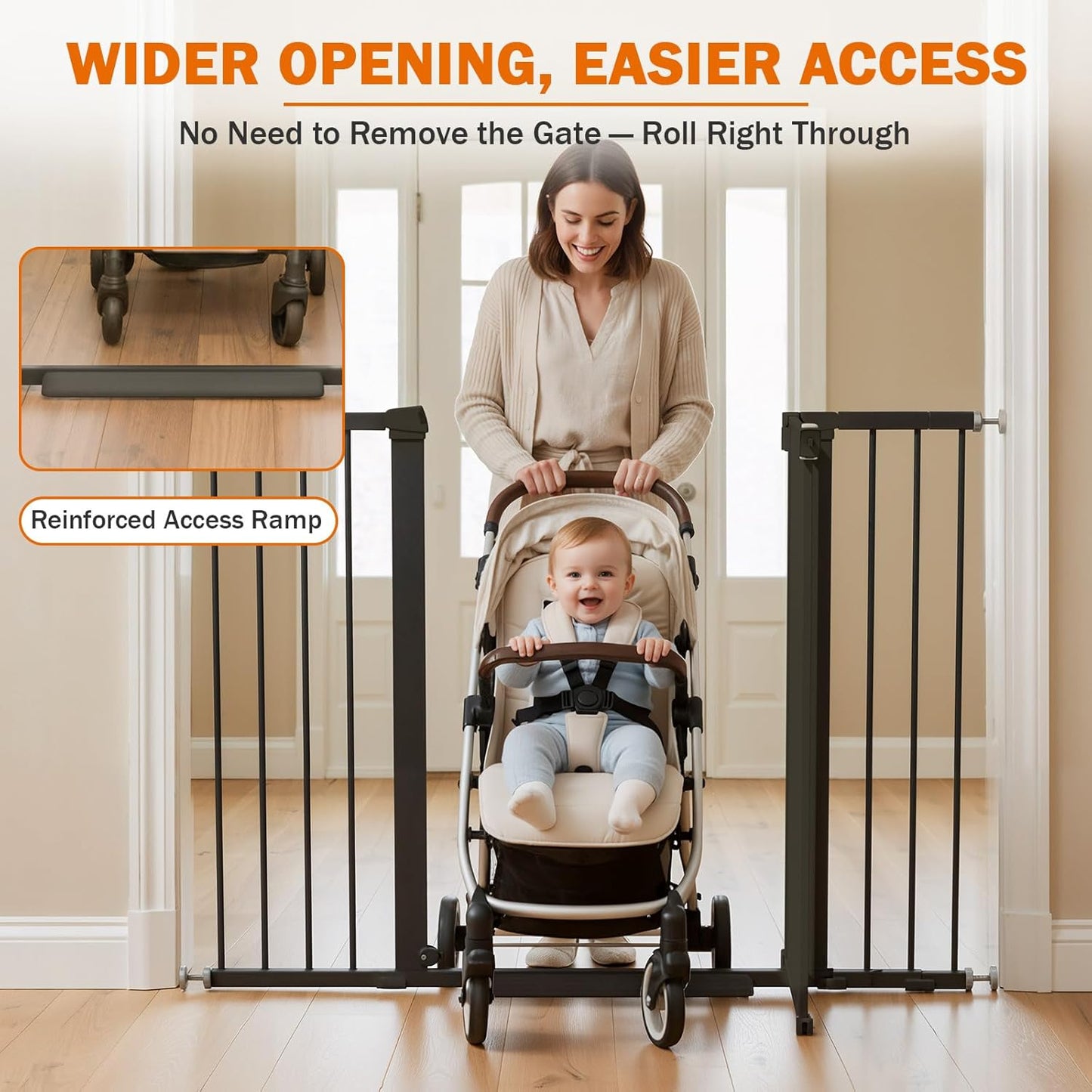 Mumeasy Baby Gate Extra Wide, 29.7-51'' Pressure Mounted Dog Gate with Walk Thru Door, Auto Close Pet Gate for House, Stairs, Doorways,Black