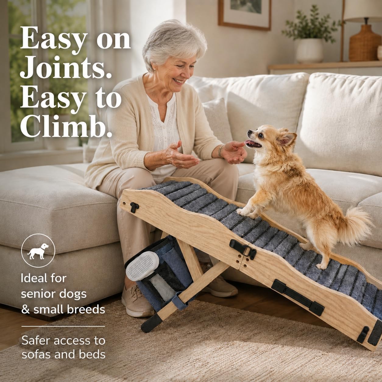 2026 Upgraded Dog Ramp for Couch & Low Bed, 33" L Folding Wood Pet Ramp 200LB Capacity, 4-Level Adjustable Height 11"-20", Non-Slip Sturdy Puppy Ramp for Small & Senior Dogs, Joint Relief, Wavy Design