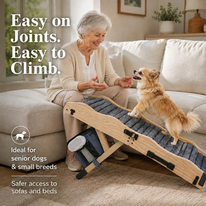 2026 Upgraded Dog Ramp for Couch & Low Bed, 33" L Folding Wood Pet Ramp 200LB Capacity, 4-Level Adjustable Height 11"-20", Non-Slip Sturdy Puppy Ramp for Small & Senior Dogs, Joint Relief, Wavy Design