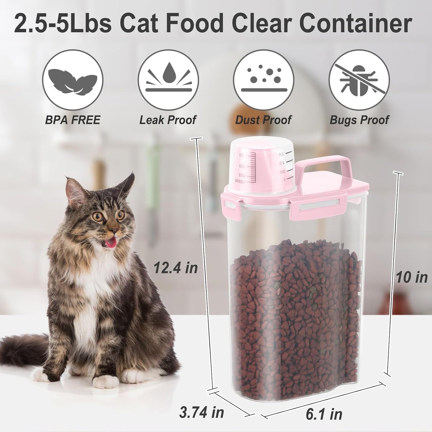 Dog Cat Food Storage Container, Pet Food Container Airtight with Large Spout & Cup, BPA-Free Plastic Food Dispenser for Pet Food, Bird Seed, Rice, Flour - Pink 2.5-5lb (1 pack)