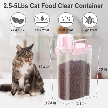 Dog Cat Food Storage Container, Pet Food Container Airtight with Large Spout & Cup, BPA-Free Plastic Food Dispenser for Pet Food, Bird Seed, Rice, Flour - Pink 2.5-5lb (1 pack)