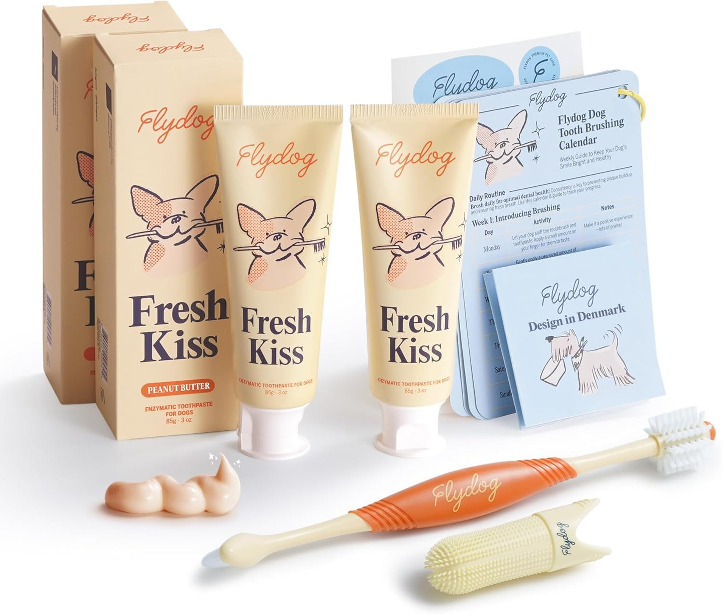 FlyDog Fresh Kiss Dog Tooth Brushing Kit - Vet Approved Formula, Enzymatic Dog Toothpaste and Brush - Breath Freshener & Tartar Remover, 360° Toothbrush & Finger Brush, Dental Guide, Coconut Flavor