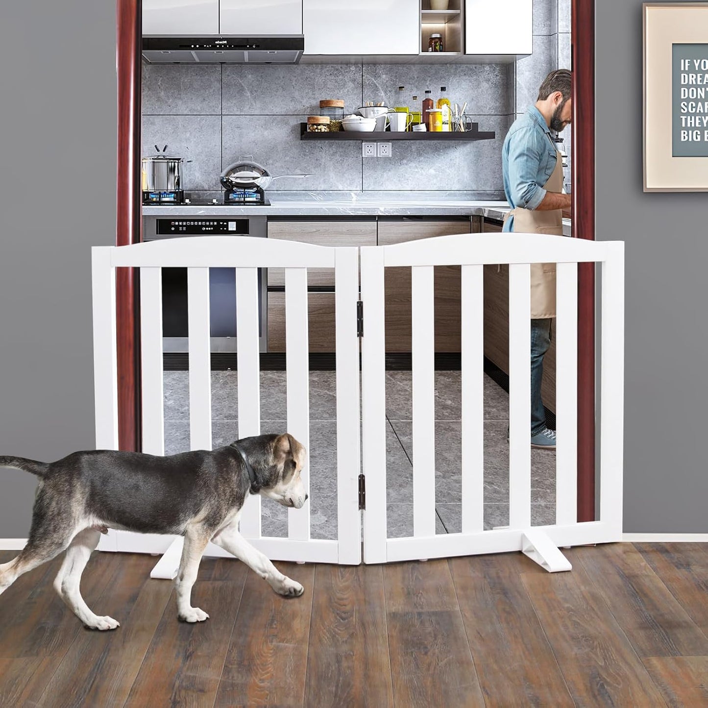 ZJSF Foldable Freestanding Indoor Dog Gate for House Wood White Long Pet Gates Dog Fence for Stairs Puppy Gates for Hallways,Pet Fence, Puppy Gate,Support Feet Included 24 "Height-3 Panels