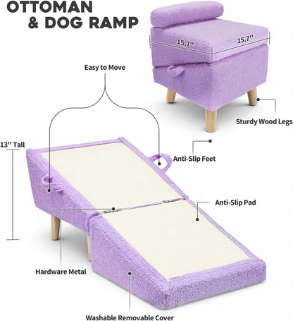 16.5'' Dog Ramp for Small Dogs & Cats, 2-in-1 Foldable Dog Stairs & Ottoman for Couch, Low Bed, Sturdy Wooden Frame, Joint-Friendly Gentle Incline, Non-Slip Surface, Light Purple