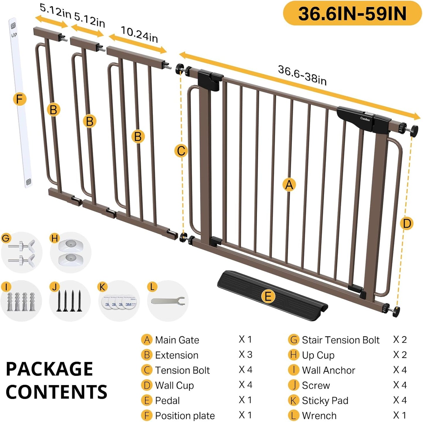 Cumbor 36.6-64" Extra Wide Baby Gate for Stairs, Dog Gates for Doorways, Auto-Close Pet Gate Indoor, Pressure Mounted Walk Through Safety Child Gate for Kids Toddler, Tall Pet Puppy Fence Gate, Brown
