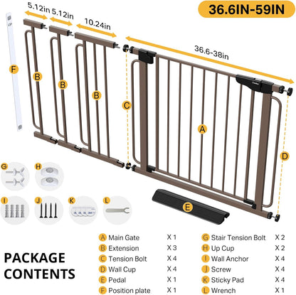 Cumbor 36.6-64" Extra Wide Baby Gate for Stairs, Dog Gates for Doorways, Auto-Close Pet Gate Indoor, Pressure Mounted Walk Through Safety Child Gate for Kids Toddler, Tall Pet Puppy Fence Gate, Brown