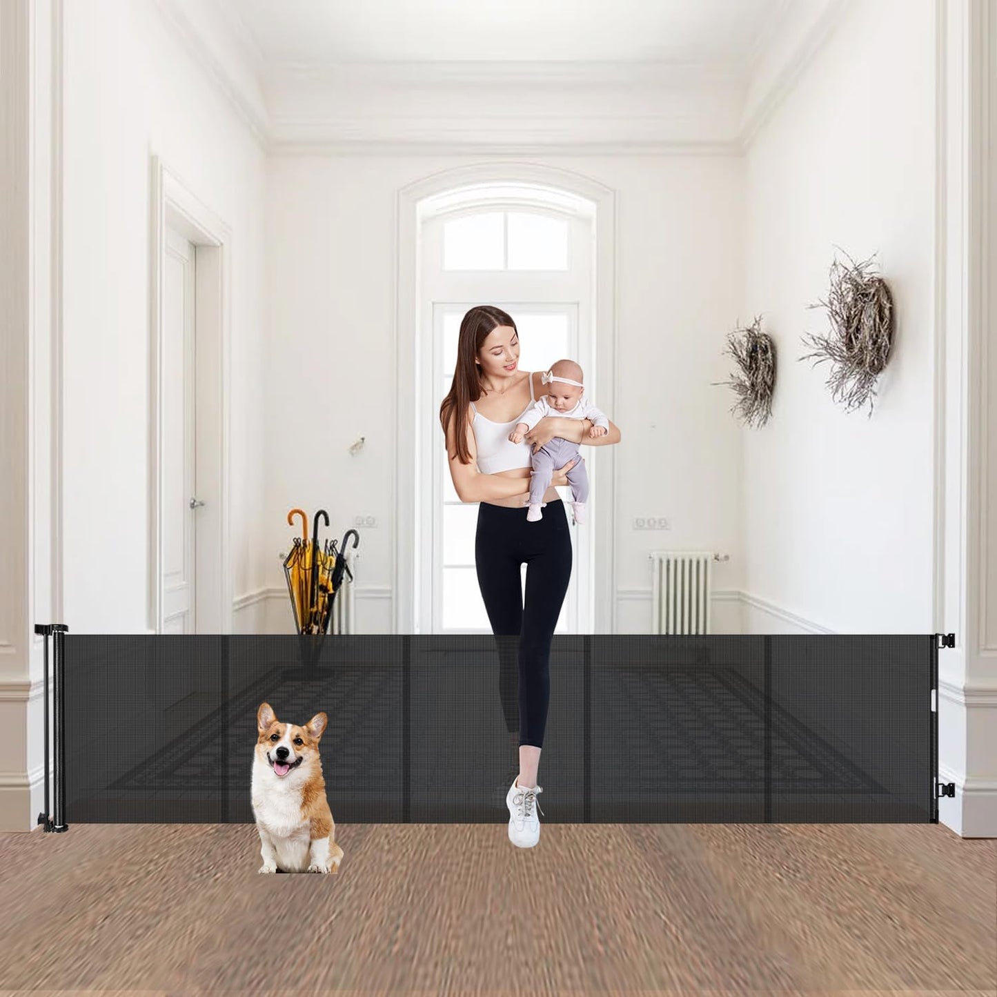 24" Tall X 120" Extra Wide Retractable Baby Gates, Short Dog Gates to Step Over, Reinforced Long Mesh Pet Gate with Support Rods, Small Puppy Gates for The House, Grey