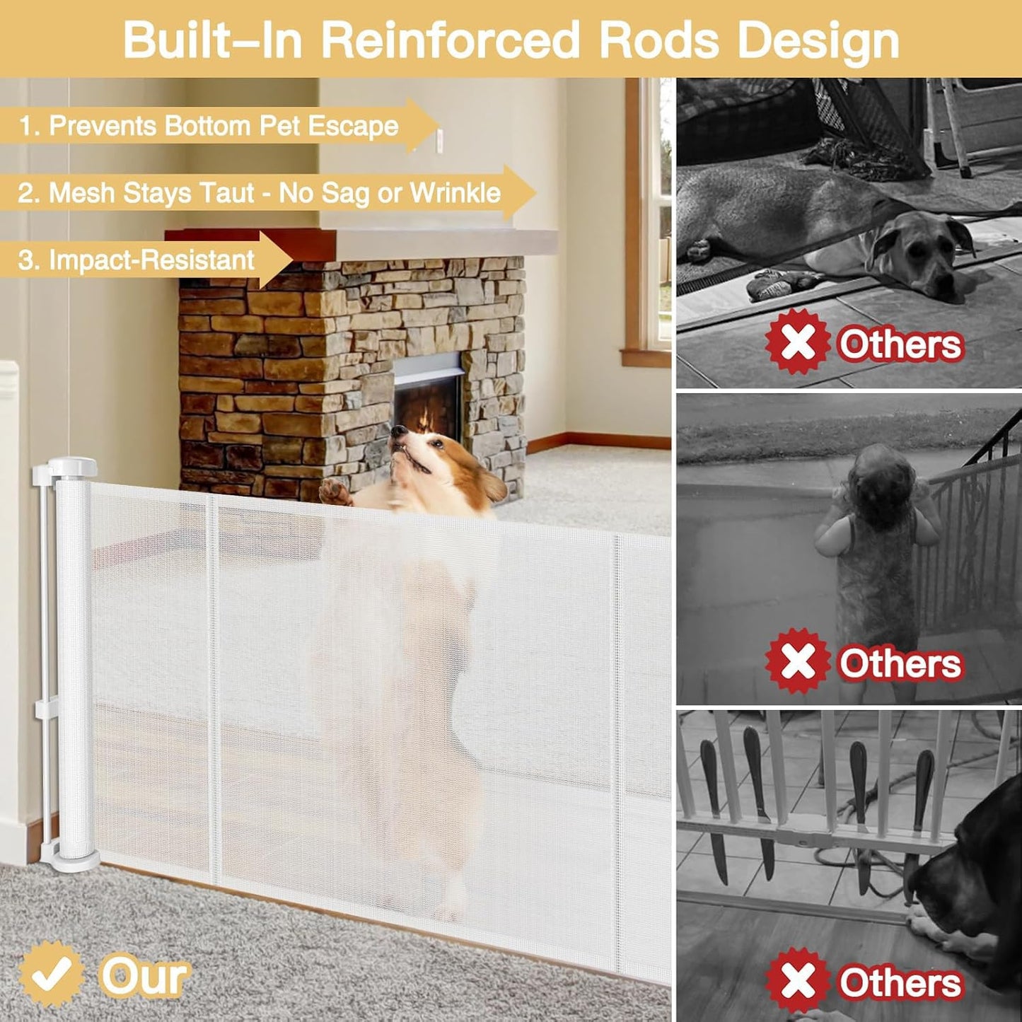 Reinforced 28 Inch Tall Retractable Baby Gates for Dogs, Easy Step Over Pet Gate with Support Rods, 55" Wide Retractable Dog Gate, Puppy Gates for The House Short Dog Gate for Stairs, Doorways, White