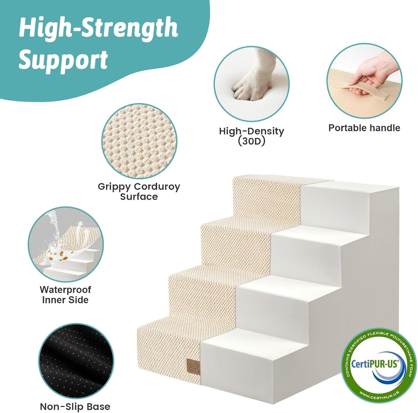 COZY KISS Dog Stairs for Small Dogs, 4 Tier Wider Pet Stairs for Couch and Beds, 17.7" H Non-Slip Dog Steps for Old Cats, Puppy, Small Medium Dogs, 17.7x23.6x17.7 inch, Beige