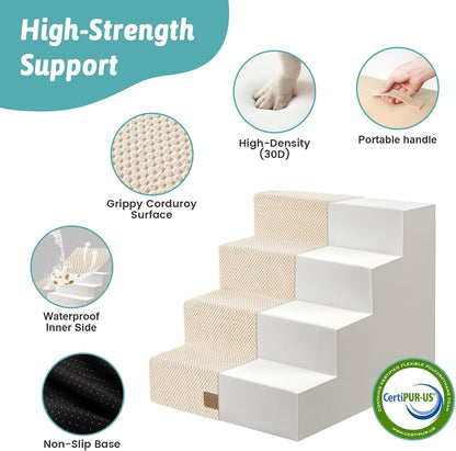 COZY KISS Dog Stairs for Small Dogs, 4 Tier Wider Pet Stairs for Couch and Beds, 17.7" H Non-Slip Dog Steps for Old Cats, Puppy, Small Medium Dogs, 17.7x23.6x17.7 inch, Beige