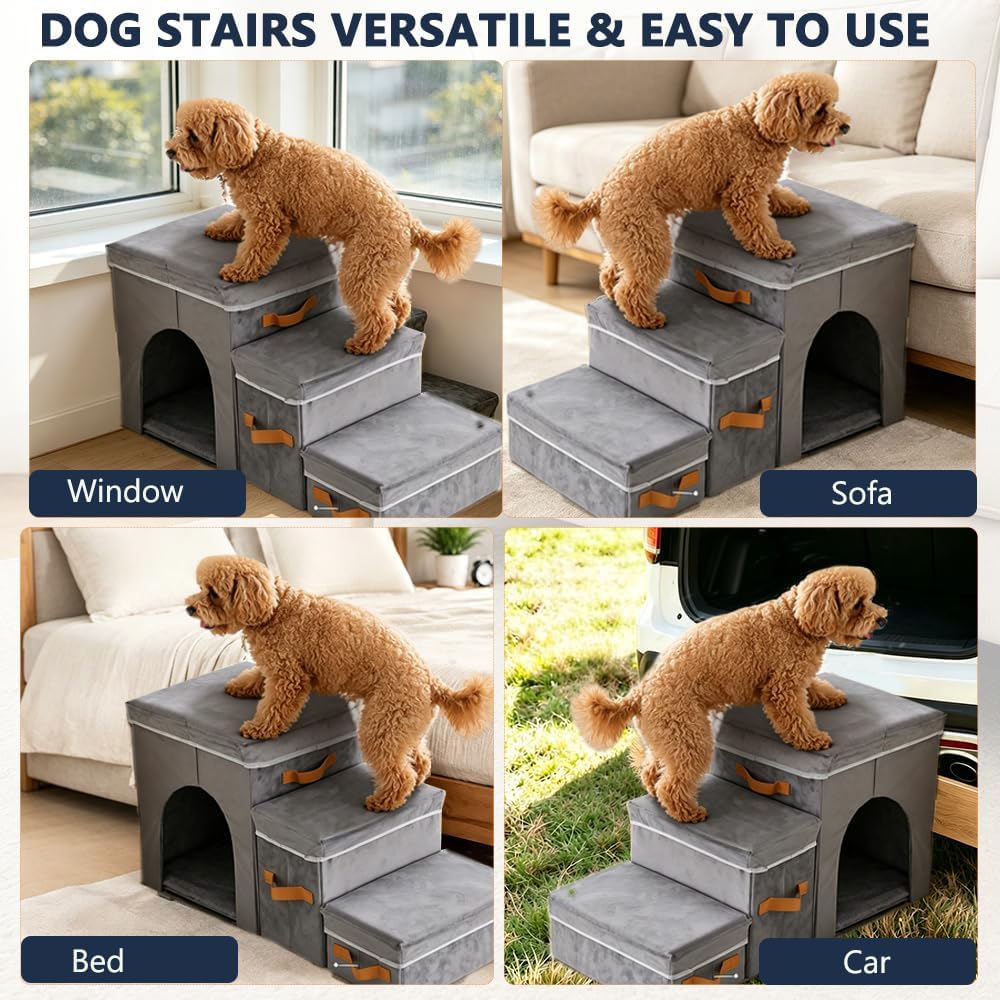 17" H Dog Stairs for High Beds, Multifunctional Pet Ramp with Storage & Condo for Small Medium Large Older Dog, 3-Step Foldable Cat Stairs for Climbing Car Sofa,Supports up to 120 Lbs