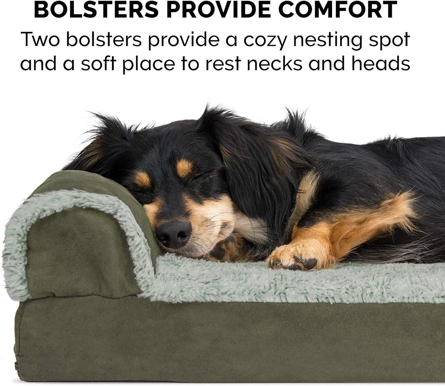 Furhaven Memory Foam Dog Bed for Large Dogs w/ Removable Bolsters & Washable Cover, For Dogs Up to 95 lbs - Two-Tone Plush Faux Fur & Suede L Shaped Chaise - Espresso, Jumbo/XL