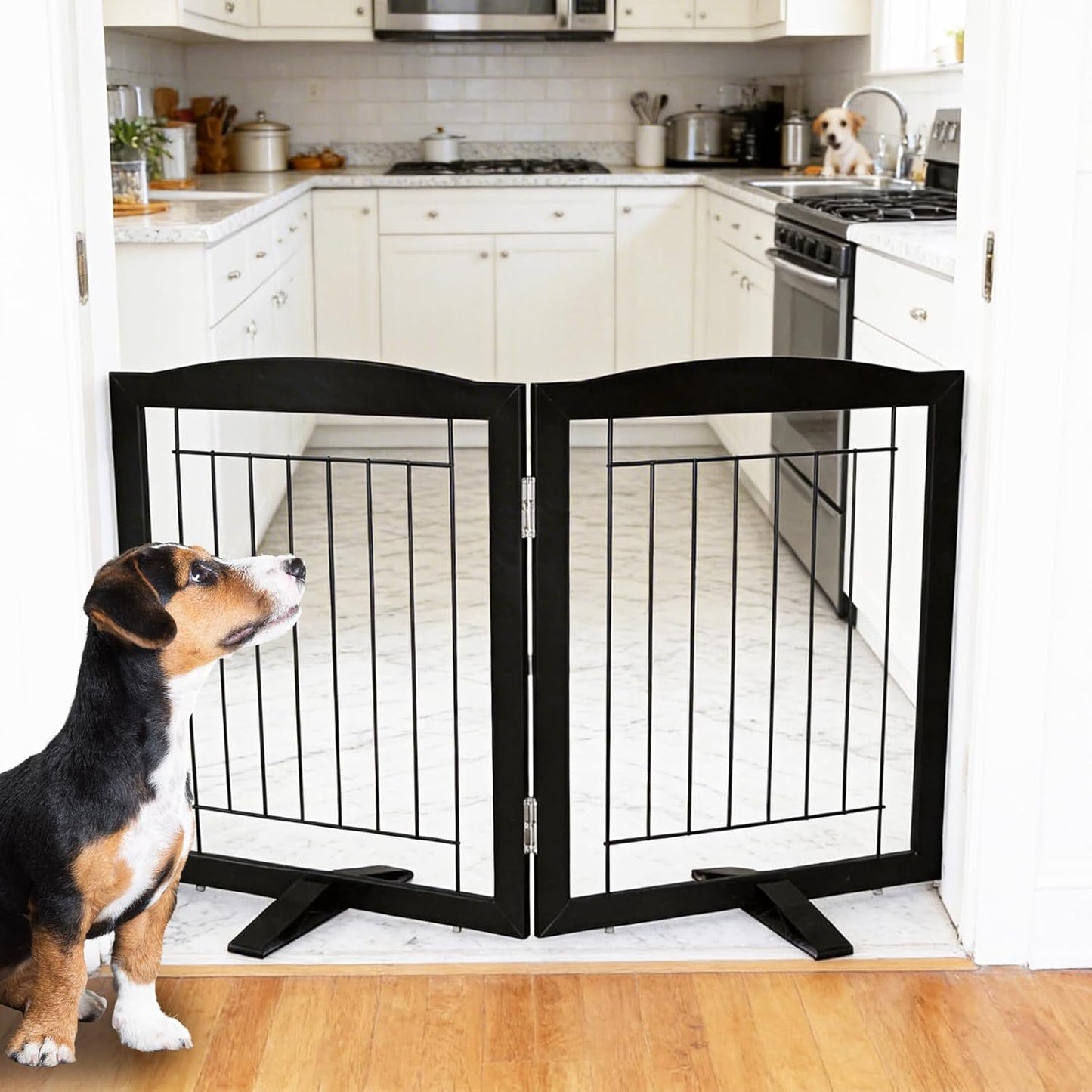 ZJSF Freestanding Dog Fence Indoor, Foldable Dog Gate for Doorways, Stairs or Hallways, Sturdy Wood Extra Wide Pet Gate with Support Feet for The House, White, 24 "Height-3 Panels