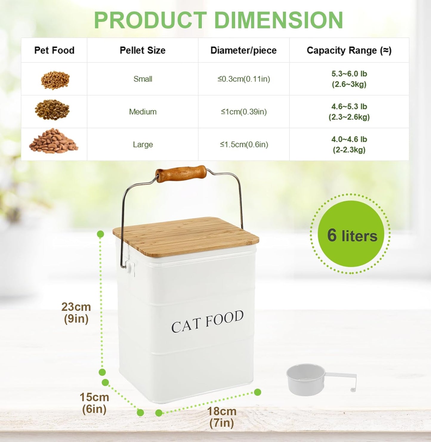 Dog Food storage container Dog Treats Jar,5~6 lb Metal food treats tin for Dog, pet snacks Canisters with wooden lid/handle/sevice scoop-Green