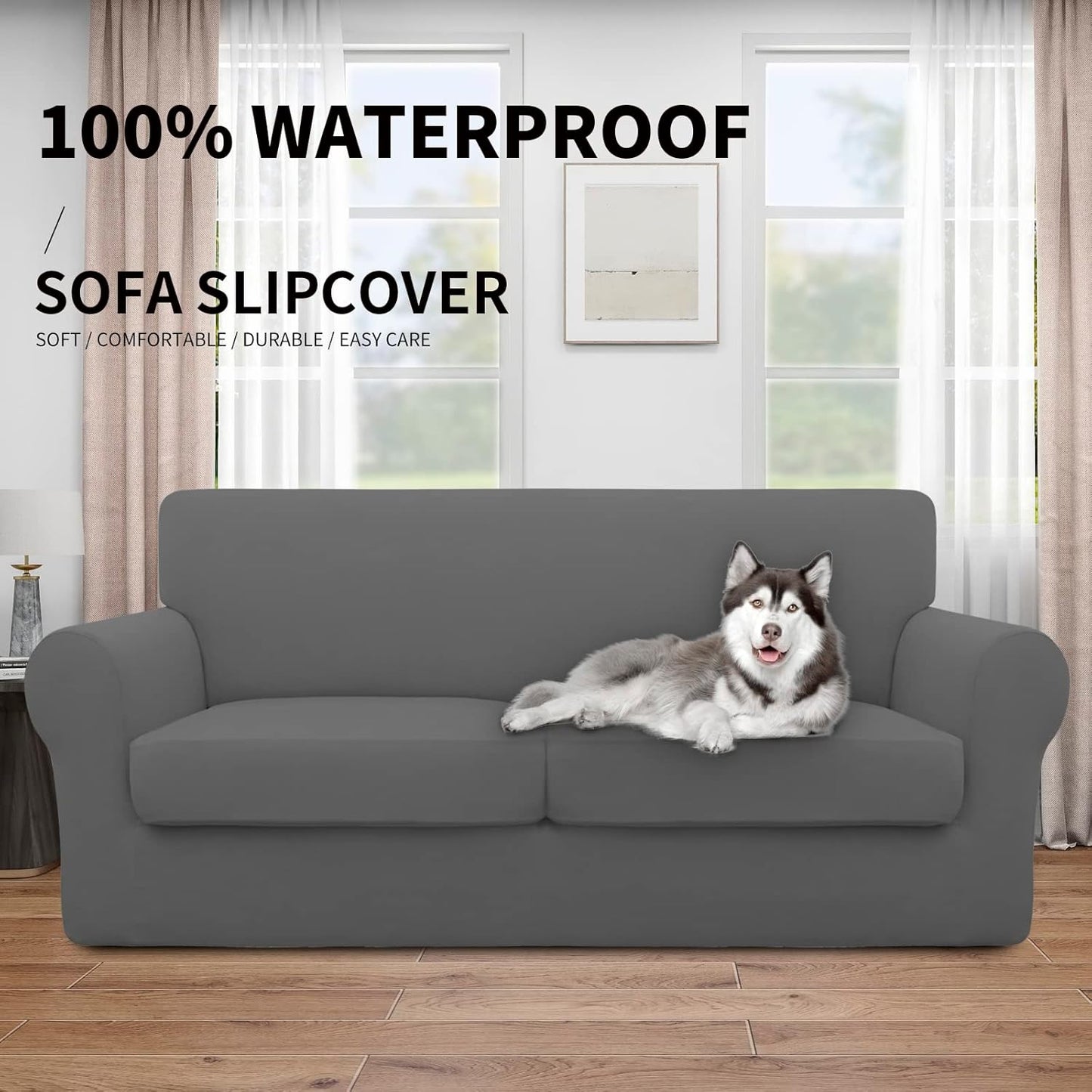 Easy-Going 100% Dual Waterproof 4 Pieces Stretch Soft Couch Cover for Dogs, Sofa Slipcover for 3 Separate Cushion Couch Leakproof Furniture Protector for Kids, Pets Dark Gray