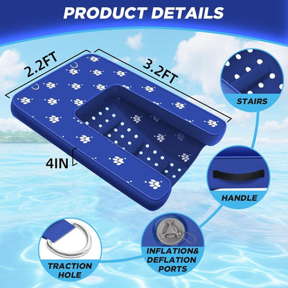 Inflatable Dock Platform, Medium Dog Boat Ramp Floating Non-Slip Oxford and PVC with Small Water Ramp for Dogs Pool, Dock, Lake with Traction Rope, Manual Air Pump (3.2ft x 2.2ft x 4in) M01
